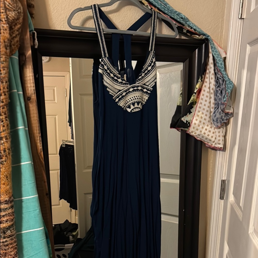 Navy Blue Lovestitch Maxi Dress with cream colored embroidery size S/M